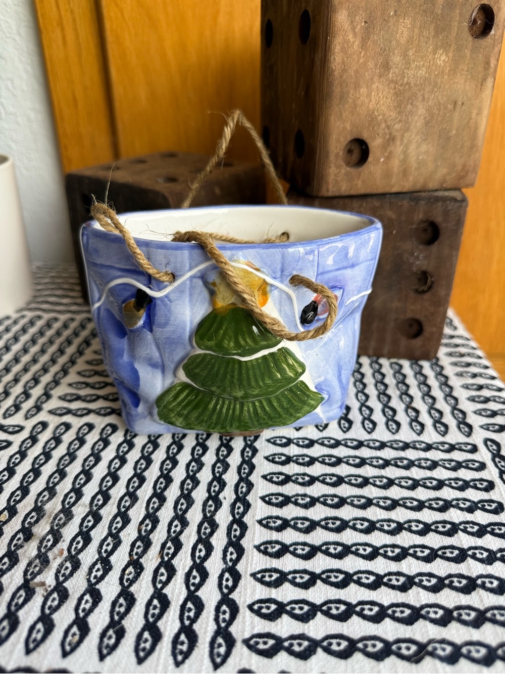 Hand-Painted Blue Ceramic Holiday Hanging Pot with Green Tree